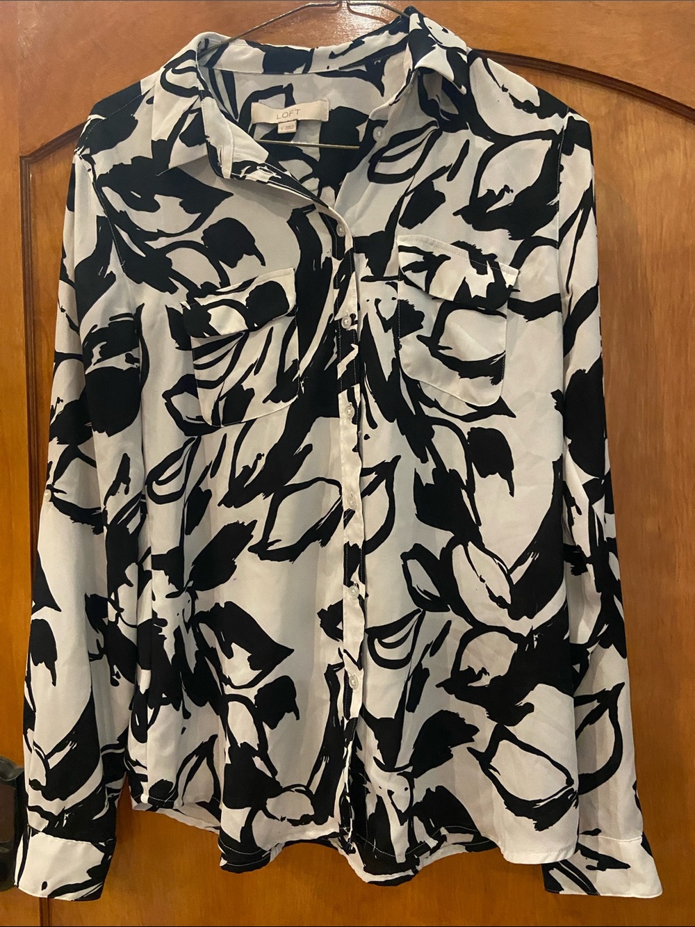 LOFT Black and White Abstract Floral Button-Down Shirt